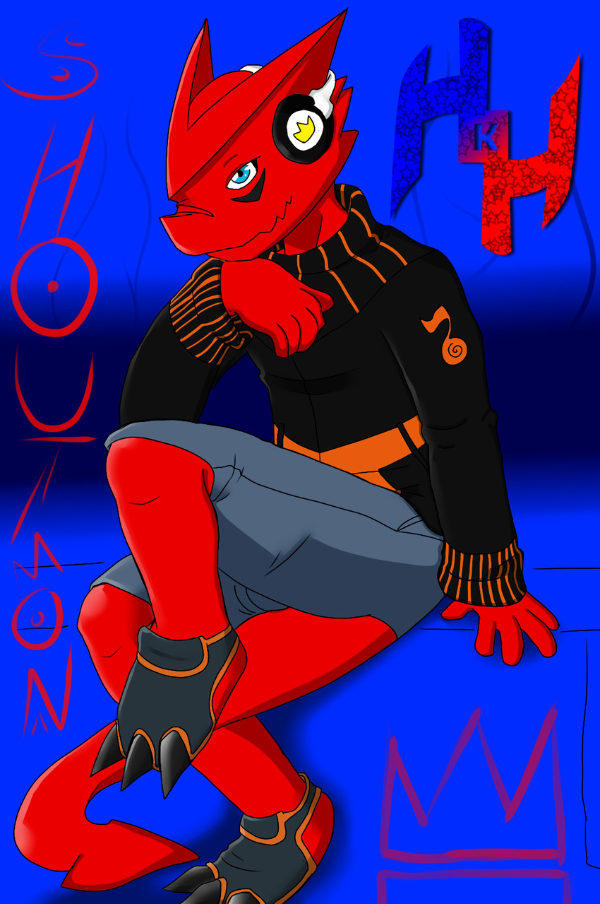 anthro blue_eyes claws clothed clothing digimon heibanhikaru red_skin shoutmon sitting solo
