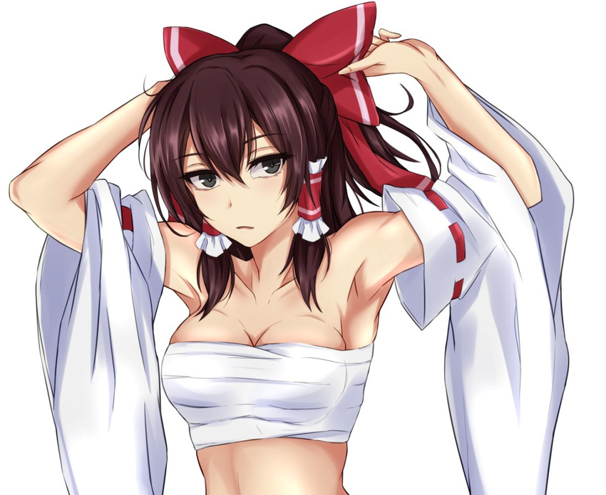 adjusting_bow armpits arms_up bad_id bad_twitter_id bare_shoulders black_eyes black_hair bow breasts brown_hair cleavage collarbone commentary_request detached_sleeves dressing hair_between_eyes hair_bow hair_tubes hakurei_reimu large_breasts long_hair looking_at_viewer parted_lips piro_(iiiiiiiiii) ponytail red_bow ribbon-trimmed_sleeves ribbon_trim sarashi sidelocks solo touhou upper_body white_background wide_sleeves