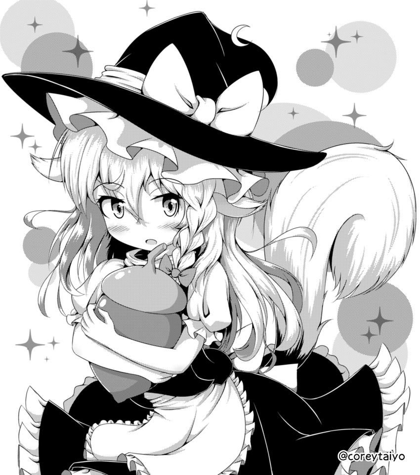 :o acorn animal_ears apron blush commentary coreytaiyo crescent crescent_hair_ornament dress greyscale hair_ornament hat highres kemonomimi_mode kirisame_marisa long_hair looking_at_viewer monochrome object_hug puffy_short_sleeves puffy_sleeves short_sleeves solo sparkle squirrel_ears squirrel_tail tail touhou turtleneck twitter_username waist_apron witch_hat