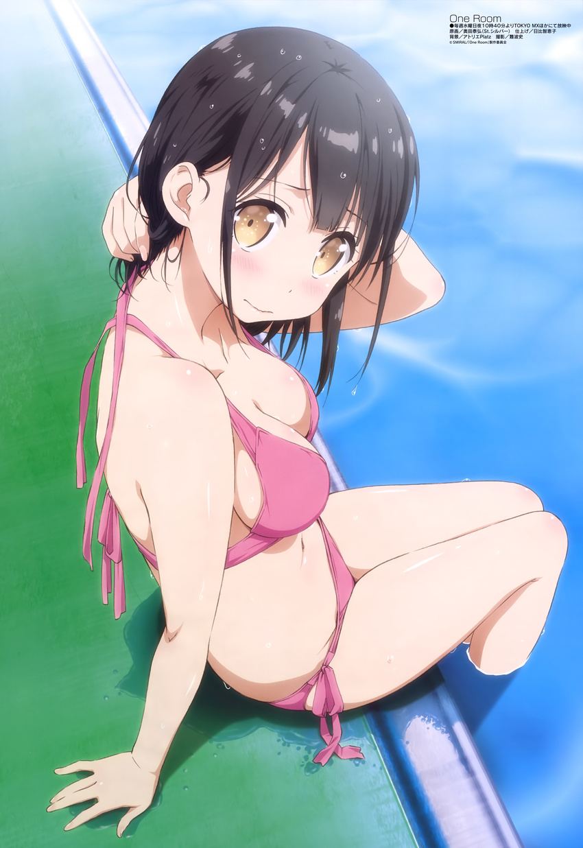 absurdres artist_name bikini black_hair breasts cleavage hanasaka_yui highres long_hair medium_breasts official_art okuda_yasuhiro one_room pink_bikini pool poolside side-tie_bikini sitting soaking_feet solo swimsuit untied untied_bikini water