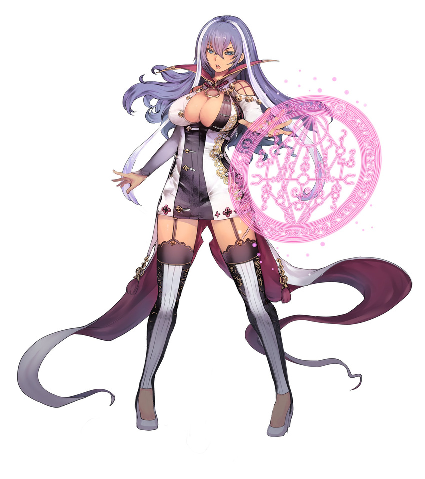 bare_shoulders breasts cleavage dark_skin dress full_body garter_straps highres huge_breasts isabelle_(shadowverse) long_hair looking_at_viewer magic multicolored_hair official_art purple_hair shadowverse short_dress simple_background solo teddy_(khanshin) thigh_gap thighs white_background white_hair