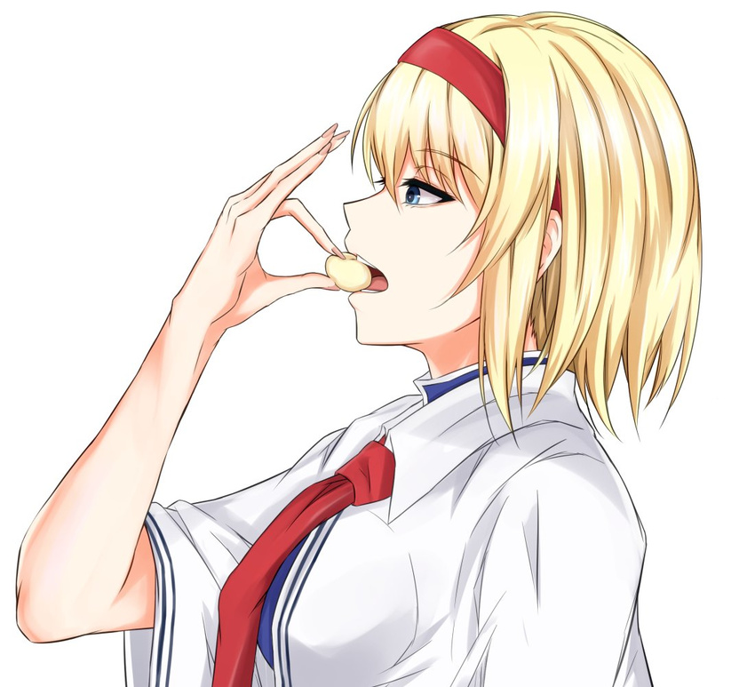 alice_margatroid bangs bar_censor biting blonde_hair blue_eyes breasts capelet censored commentary_request eating food from_side medium_breasts nail_polish neck_ribbon open_mouth pink_nails piro_(iiiiiiiiii) profile red_ribbon ribbon short_hair solo touhou upper_body white_capelet