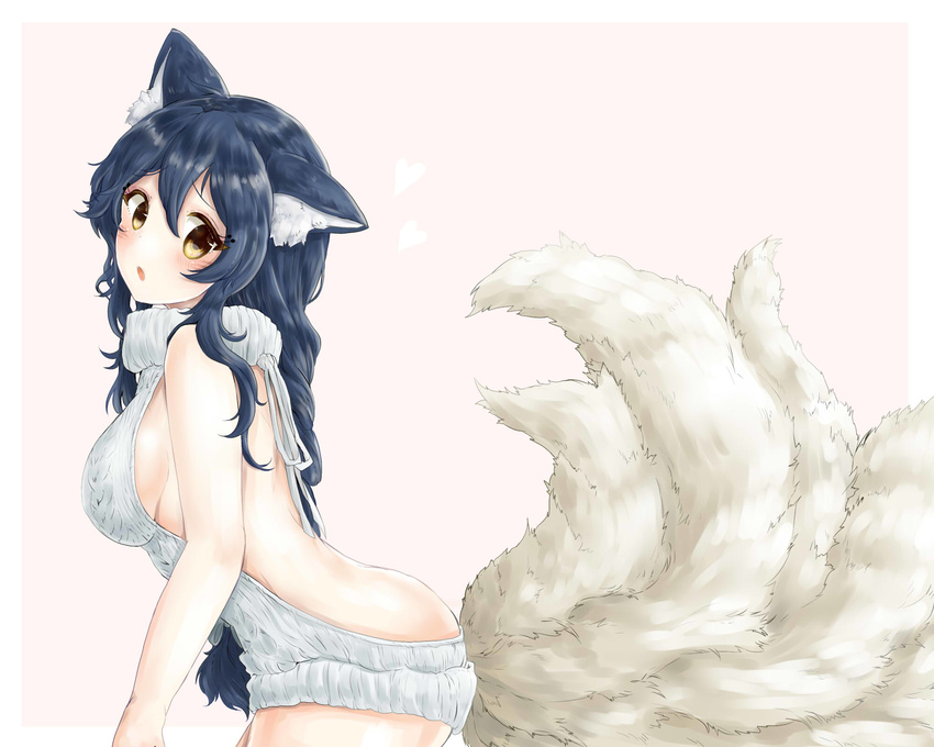 :o ahri animal_ears back backless_dress backless_outfit bangs bare_back bare_shoulders black_hair blush breasts cowboy_shot dress eyebrows_visible_through_hair facial_mark fox_ears fox_tail from_side furan_(marina6123) grey_dress grey_sweater hair_between_eyes halterneck heart highres large_breasts league_of_legends long_hair looking_at_viewer meme_attire multiple_tails naked_sweater no_bra no_panties open_mouth ribbed_sweater sideboob simple_background sleeveless sleeveless_turtleneck solo standing sweater sweater_dress tail turtleneck turtleneck_sweater very_long_hair virgin_killer_sweater yellow_eyes