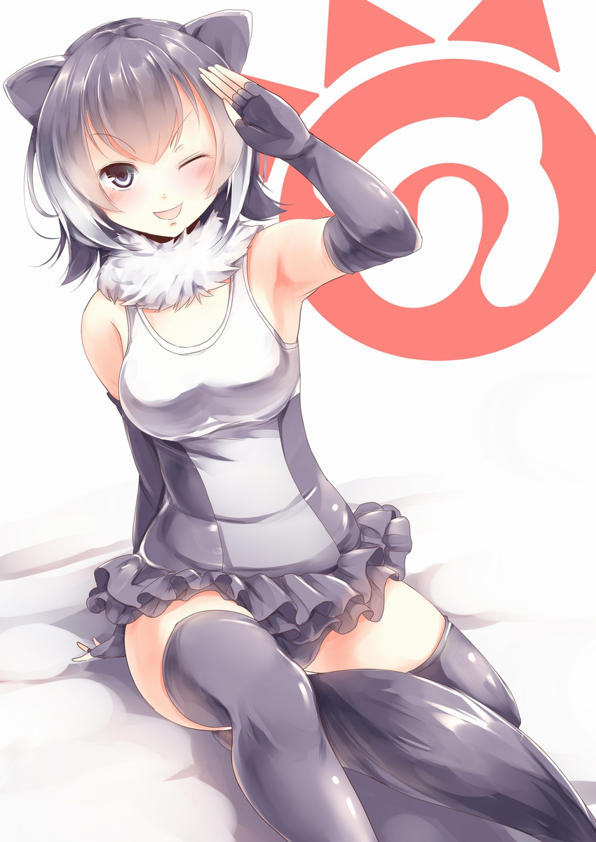 ;d animal_ears armpits blush breasts dress fingerless_gloves gloves grey_eyes grey_gloves grey_hair grey_legwear grey_panties highres japari_symbol kanzakietc kemono_friends looking_at_viewer medium_breasts one_eye_closed open_mouth otter_ears otter_tail panties pantyshot salute short_dress simple_background sitting sleeveless sleeveless_dress small-clawed_otter_(kemono_friends) smile solo tail thighhighs underwear v-shaped_eyebrows