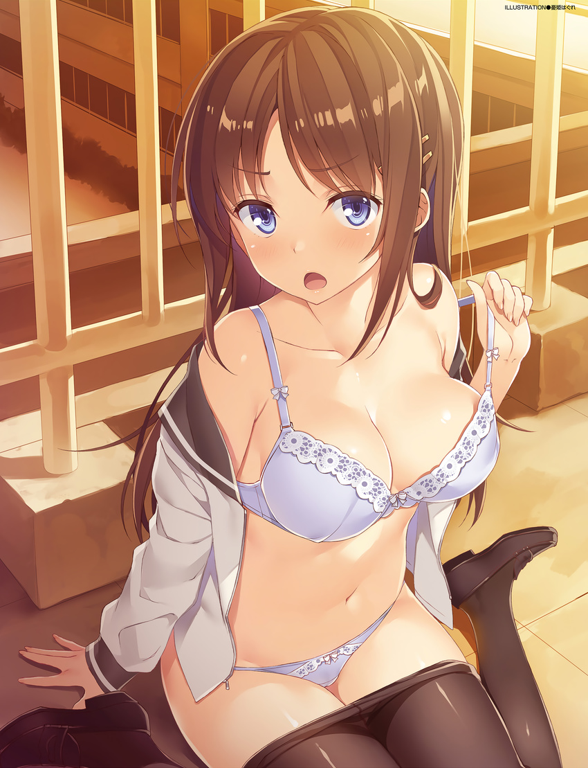 :o absurdres artist_name black_legwear blue_bra blue_eyes blue_panties bow bow_bra bow_panties bra breasts brown_hair cleavage collarbone dengeki_moeou eyebrows_visible_through_hair hair_ornament hairclip highres lace lace-trimmed_bra lace-trimmed_panties loafers long_hair looking_at_viewer medium_breasts navel no_pants non-web_source open_clothes open_mouth open_shirt outdoors panties pantyhose pantyhose_pull shirt shoes sitting sleeves_past_wrists solo strap_slip underwear undressing v-shaped_eyebrows wariza yuuki_hagure