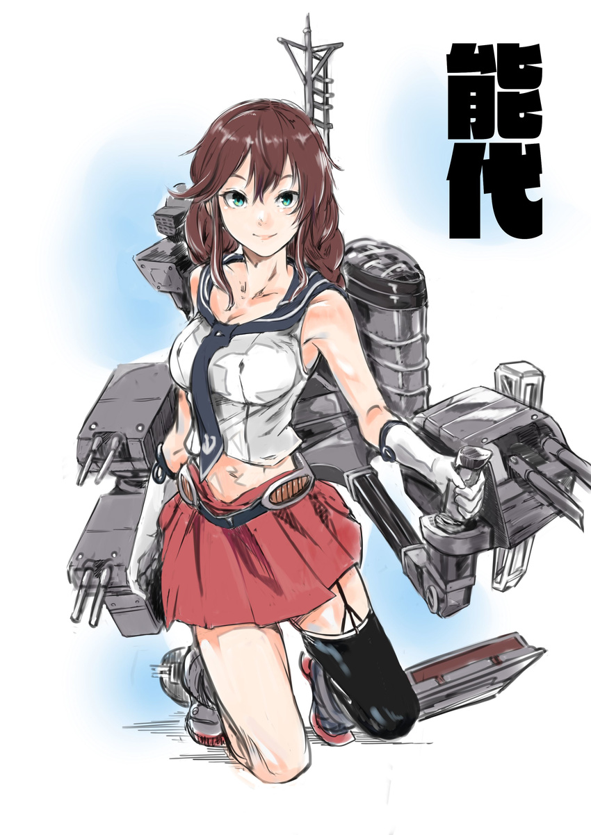 absurdres bare_shoulders breasts brown_hair cleavage elbow_gloves garter_straps gloves green_eyes highres kantai_collection kneeling medium_breasts midriff noshiro_(kantai_collection) rigging single_thighhigh sketch skirt sleeveless smile solo thighhighs thighs turret uno_(union) white_background