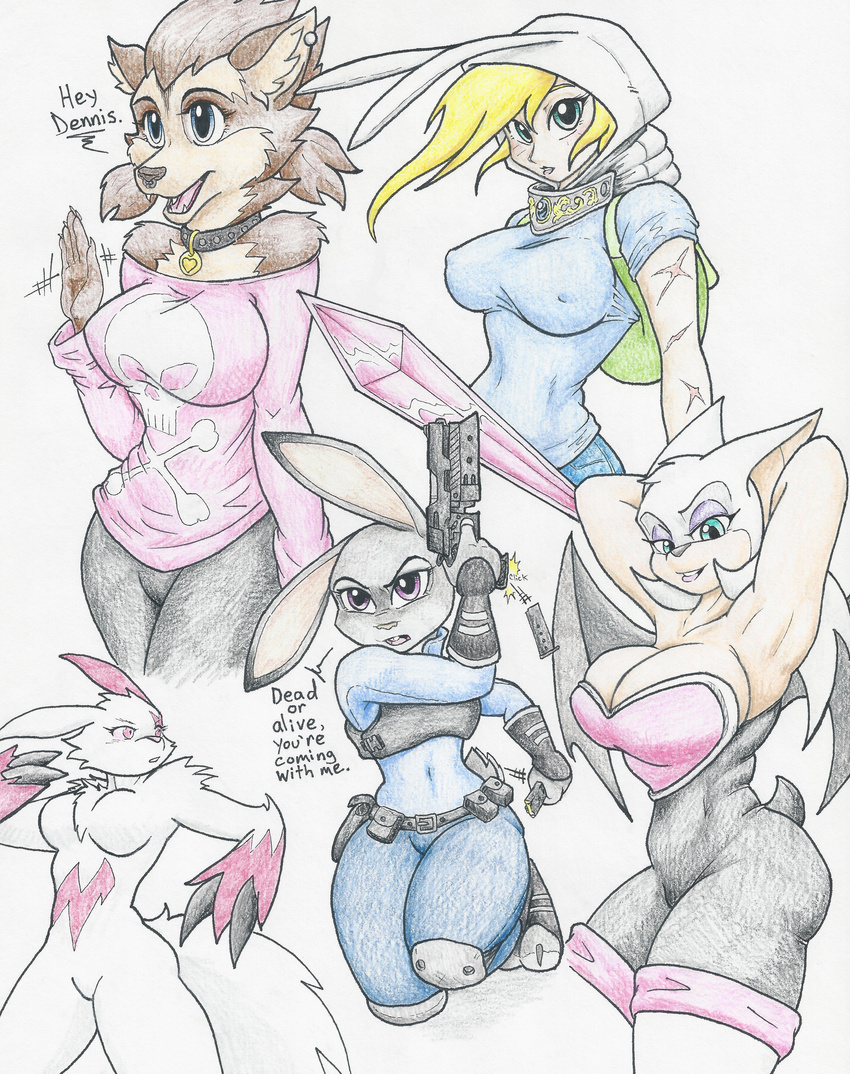 &lt;3 2017 anthro breasts canine cleavage clothed clothing collar dialogue disney english_text female fionna flicker-show group gun handgun hotel_transylvania human judy_hopps lagomorph mammal nintendo pok&eacute;mon rabbit ranged_weapon rouge_the_bat scar sonic_(series) text traditional_media_(artwork) video_games weapon were werewolf winnie_werewolf_(hotel_transylvania) wolf zootopia