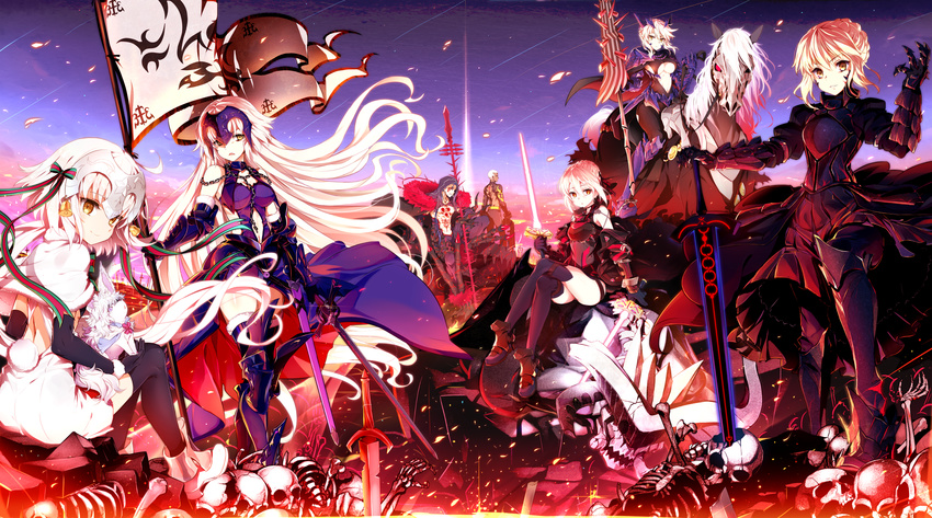 5girls abs ahoge animal animal_on_lap archer armor armored_boots armored_dress artoria_pendragon_(all) back back_tattoo backless_dress backless_outfit bangs bell black_dress black_gloves black_legwear blonde_hair blue_hair bone boots braid breastplate breasts brown_eyes bunny_tail capelet chain closed_mouth commentary crossed_legs cu_chulainn_alter_(fate/grand_order) dark_excalibur dark_skin dress elbow_gloves emiya_alter excalibur eyebrows_visible_through_hair facial_tattoo fake_tail fate/grand_order fate/stay_night fate_(series) flag floating_hair fou_(fate/grand_order) french_braid fur_trim gae_bolg gauntlets gloves glowing glowing_sword glowing_weapon green_ribbon hair_between_eyes hair_bun hair_ribbon hand_up headpiece highres holding holding_flag holding_spear holding_sword holding_weapon hood hood_up horse horseback_riding jeanne_d'arc_(alter)_(fate) jeanne_d'arc_(fate)_(all) jeanne_d'arc_alter_santa_lily lancer large_breasts llamrei_(fate) long_hair looking_at_viewer looking_back medium_breasts minatsuki_randoseru multiple_boys multiple_girls mysterious_heroine_x_(alter) navel navel_cutout on_lap open_mouth outdoors parted_lips polearm red_eyes red_ribbon rhongomyniad ribbon riding saber_alter scowl shaved_head short_dress sidelocks sitting skull smile sparks spear standard_bearer standing striped striped_ribbon sword tail tattoo thighhighs underboob underboob_cutout vambraces very_long_hair weapon white_dress white_footwear white_hair yellow_eyes
