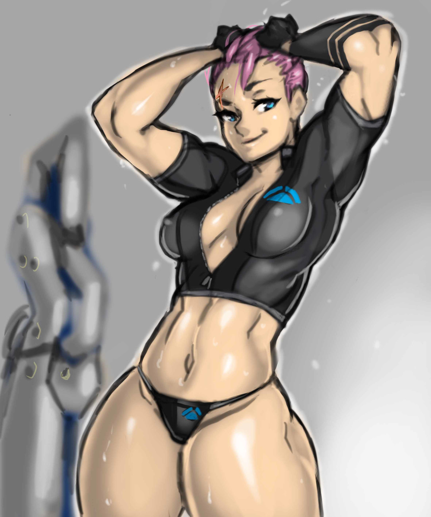 absurdres black_panties blue_eyes breasts cleavage covered_nipples crop_top hands_in_hair highres medium_breasts no_bra overwatch panties particle_projector_cannon pink_hair planted_weapon scar scar_across_eye short_hair smile solo tattoo thick_thighs thighs toned underwear unzipped very_short_hair weapon zarya_(overwatch) ziromaru