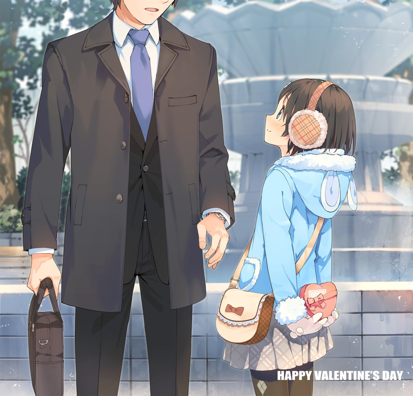 1girl age_difference arms_behind_back bag black_legwear blue_eyes box brown_hair coat commentary_request day earmuffs faceless faceless_male formal fountain from_side gloves head_out_of_frame heart-shaped_box highres hood idolmaster idolmaster_cinderella_girls jacket looking_up necktie open_mouth outdoors pantyhose producer_(idolmaster) profile sasaki_chie short_hair skirt smile suit teiryoku_lolita valentine
