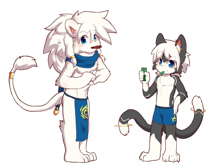 barefoot blush brothers candy cat clothing duo feline food food_in_mouth hand_heart hand_on_hip kay_(whiteleo) kitkat_(candy) leo_(whiteleo) lion loincloth looking_at_viewer male mammal mane multi_tail plantigrade scarf shorts sibling whiteleo young