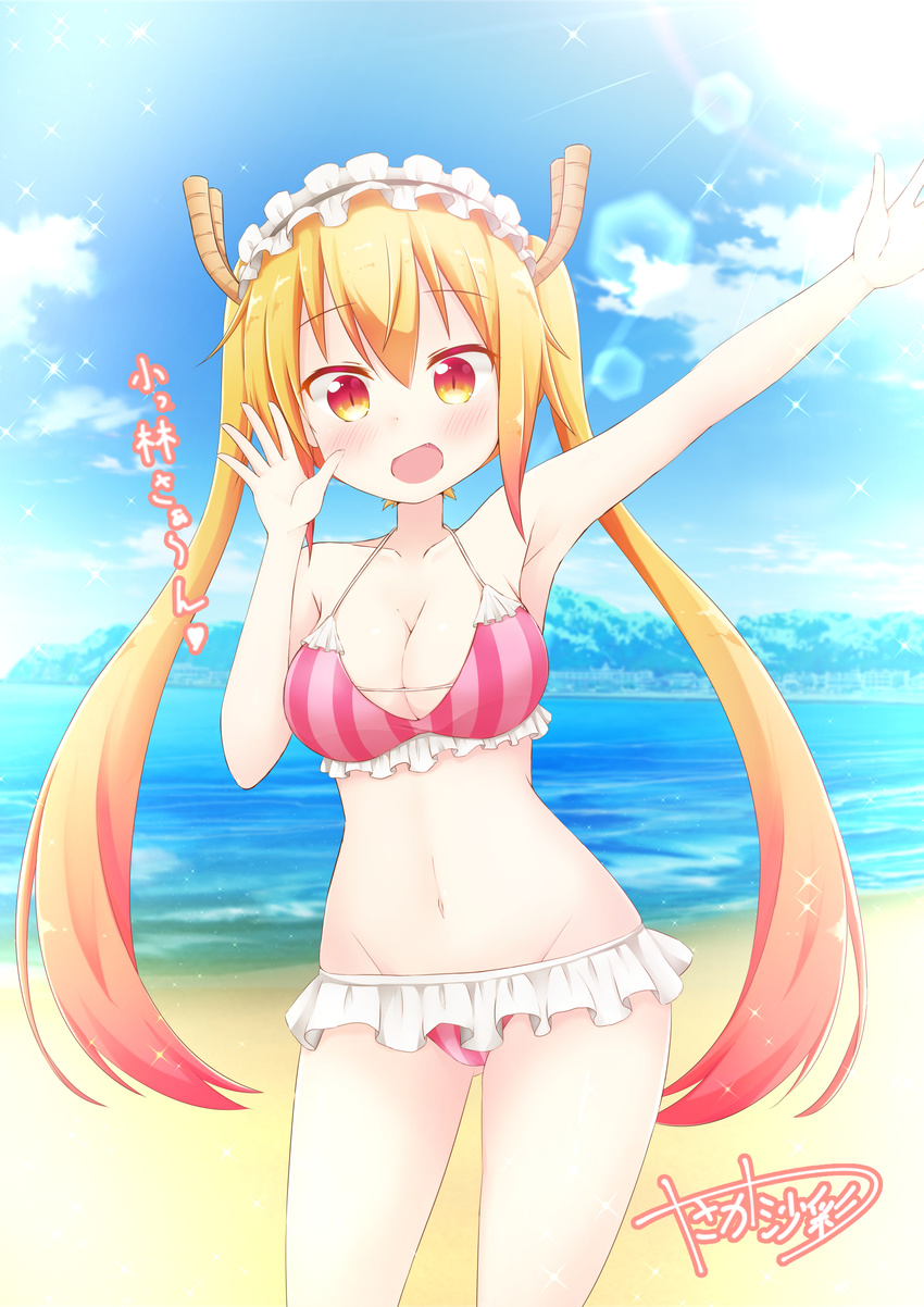 absurdres arm_up artist_name beach bikini blue_sky blush breasts cleavage cloud collarbone cropped_legs day dragon_girl dragon_horns fang frilled_bikini frills hands heart highres hips horns kobayashi-san_chi_no_maidragon large_breasts long_hair looking_at_viewer maid_headdress navel ocean open_mouth orange_hair outdoors pink_bikini red_eyes sand signature sky slit_pupils solo sparkle standing striped striped_bikini sun sunlight swimsuit tooru_(maidragon) twintails waving yasaka_(astray_l)