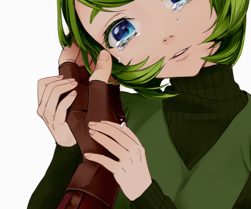 blue_eyes colored_eyelashes face gloves green_hair hair_intakes head_tilt holding_hands looking_at_viewer otton out_of_frame parted_lips pointy_ears pov pov_hands ribbed_sweater saria short_hair simple_background solo_focus sweater tears the_legend_of_zelda the_legend_of_zelda:_ocarina_of_time turtleneck turtleneck_sweater white_background