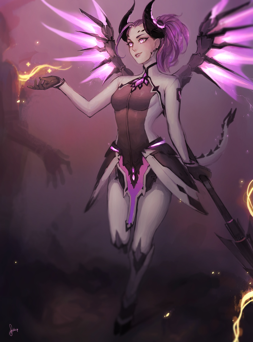 alternate_costume artist_name bodysuit breasts dark_persona demon_horns emblem energy_beam facial_mark faulds forehead_mark full_body glowing glowing_wings high_ponytail highres holding holding_staff hoof_shoes horns imp_mercy lipstick looking_at_another makeup making_of matilda_vin mechanical_wings mercy_(overwatch) overwatch parted_lips patch pelvic_curtain pink_lips purple_background purple_eyes purple_hair purple_lipstick purple_wings signature small_breasts smile solo_focus spread_wings staff wings