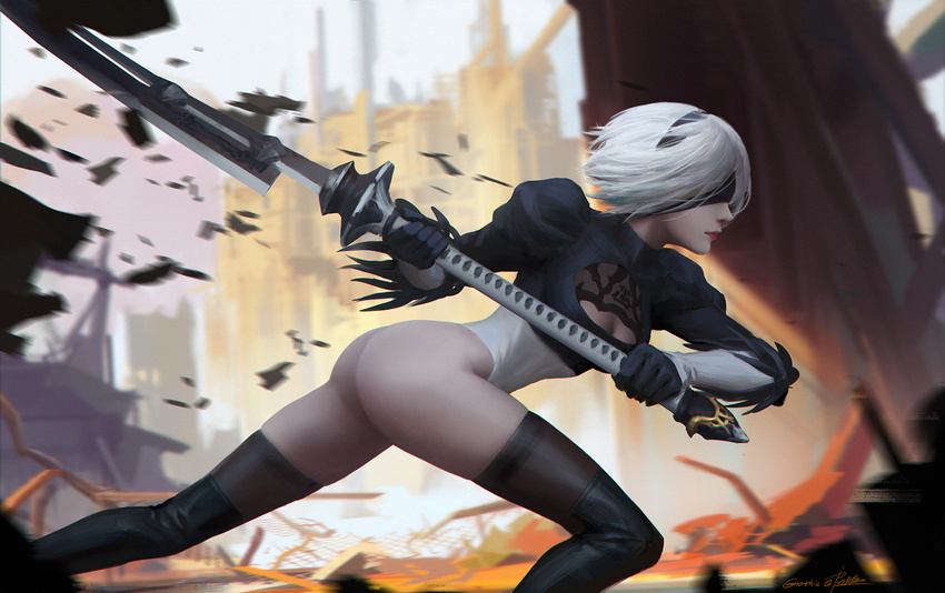 artist_name ass bangs black_footwear black_gloves black_hairband blindfold boots breasts brown_legwear cleavage cleavage_cutout closed_mouth covered_eyes feet_out_of_frame from_side gloves hairband highleg highleg_leotard highres holding holding_sword holding_weapon huge_weapon juliet_sleeves katana legs_apart leotard long_sleeves nier_(series) nier_automata no_pants nose outdoors profile puffy_sleeves qichao_wang red_lips short_hair signature silver_hair small_breasts solo sword thigh_boots thighhighs thighs thong_leotard turtleneck vambraces weapon white_leotard yorha_no._2_type_b