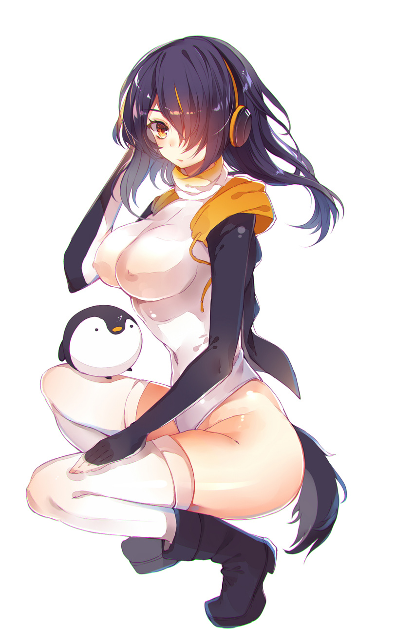 absurdres ass bad_id bad_pixiv_id baocaizi bird black_hair boots brown_eyes covered_navel covered_nipples emperor_penguin emperor_penguin_(kemono_friends) from_side hair_over_one_eye headphones highres kemono_friends leotard long_hair looking_at_viewer multicolored_hair penguin solo squatting tail thighhighs two-tone_hair white_legwear