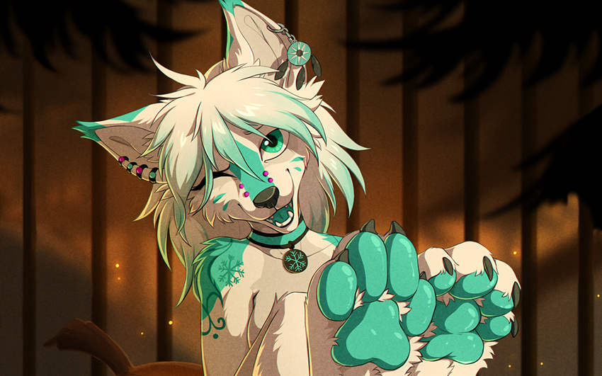 16:10 2016 anthro artica_sparkle blue_eyes blue_fur canine collar cyan_pawpads ear_piercing facial_piercing female food foot_focus forest fox fruit fur hioshiru looking_at_viewer mammal nude one_eye_closed pawpads piercing pumpkin solo tattoo tree wallpaper