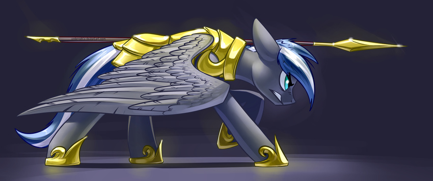 armor blue_eyes blue_hair equine fan_character feathered_wings feathers feral grey_feathers hair hooves mammal melee_weapon my_little_pony pegasus polearm spear standing underpable weapon wings