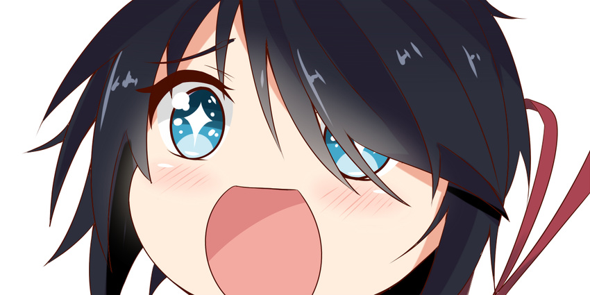 1girl bangs black_hair blue_eyes close-up hair_ornament hair_over_one_eye hairclip kako_(kantai_collection) kantai_collection long_hair looking_at_viewer messy_hair nahaki no_nose open_mouth parted_bangs ponytail simple_background solo sparkling_eyes symbol-shaped_pupils white_background