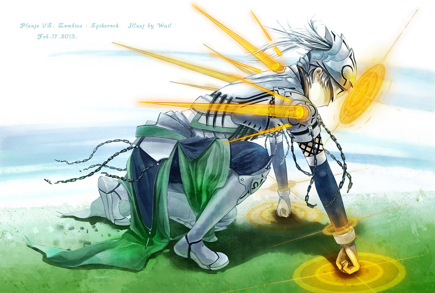 2013 armor armored_boots back boots chain character_name copyright_name dated grey_hair helmet long_hair male_focus personification plants_vs_zombies ponytail solo spikerock wail_(wailwind)