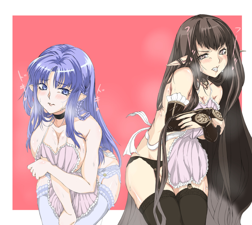 2girls apron assassin_of_red bare_shoulders black_hair blue_eyes blue_hair blush braid breasts caster choker cleavage clenched_teeth detached_sleeves embarrassed fate/apocrypha fate/stay_night fate_(series) frills grey_eyes lips long_hair multiple_girls no_panties open_mouth pink_background pointy_ears tears thighhighs very_long_hair