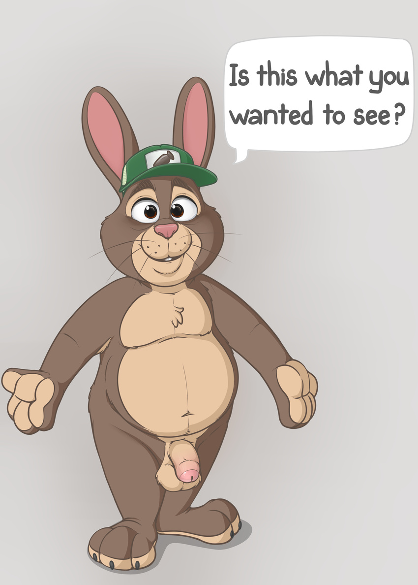 anthro armpit_hair balls brown_eyes brown_fur disney english_text flaccid fur hat humanoid_penis lagomorph looking_at_viewer male mammal navel neenya nude penis rabbit simple_background slightly_chubby solo speech_bubble standing stu_hopps text whiskers zootopia