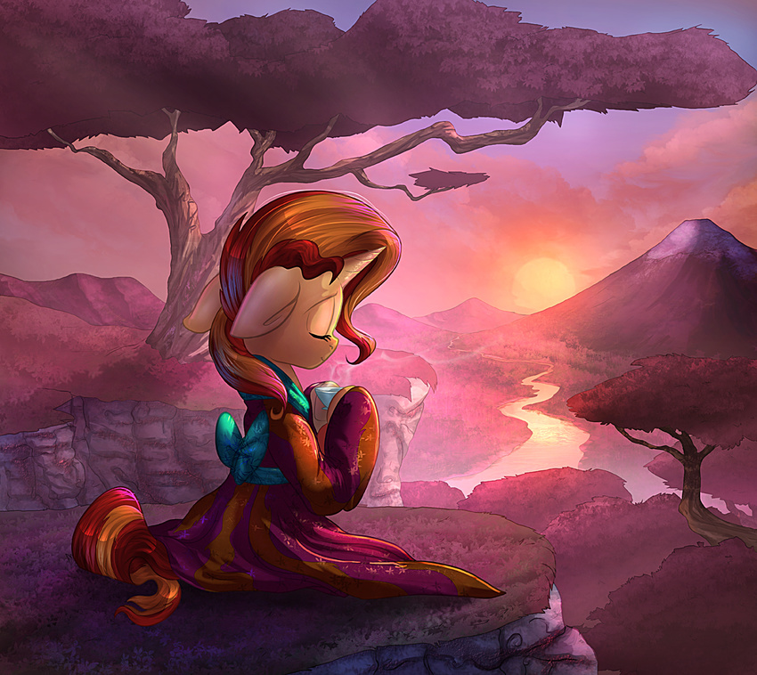 2017 beverage clothed clothing cloud cup equestria_girls equine eyes_closed female feral hair horn japanese_clothing kimono landscape mammal mountain multicolored_hair my_little_pony nature outside river sky solo sun sunset sunset_shimmer_(eg) tree tsitra360 two_tone_hair unicorn unicorn_horn vest_(artist)