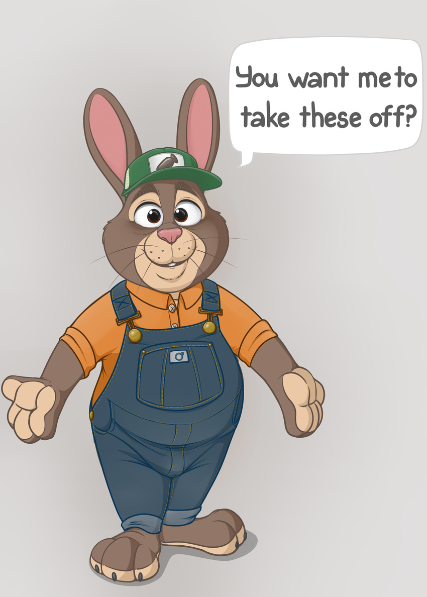 brown_eyes brown_fur clothing dress_shirt english_text fur hat lagomorph looking_at_viewer male mammal neenya overalls rabbit shirt solo standing stu_hopps text whiskers