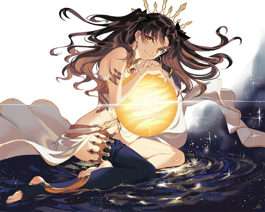 9sui armlet asymmetrical_legwear asymmetrical_sleeves bare_shoulders barefoot black_hair black_legwear bridal_gauntlets closed_mouth contest_winner crown earrings elbow_gloves fate/grand_order fate_(series) floating_hair gloves hair_ribbon hoop_earrings ishtar_(fate/grand_order) jewelry light_particles long_hair long_legs looking_at_viewer neck_ring pixiv_fate/grand_order_contest_1 planet ribbon single_elbow_glove single_thighhigh smile solo sparkle thighhighs thighlet toeless_legwear two_side_up venus venus_(planet) water yellow_eyes