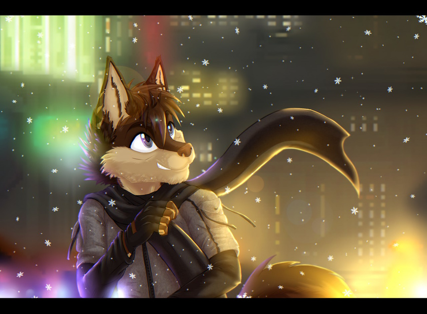 anthro canine clothed clothing dog fur hair male mammal nightangeltdc_(artist) outside scarf smile snow solo