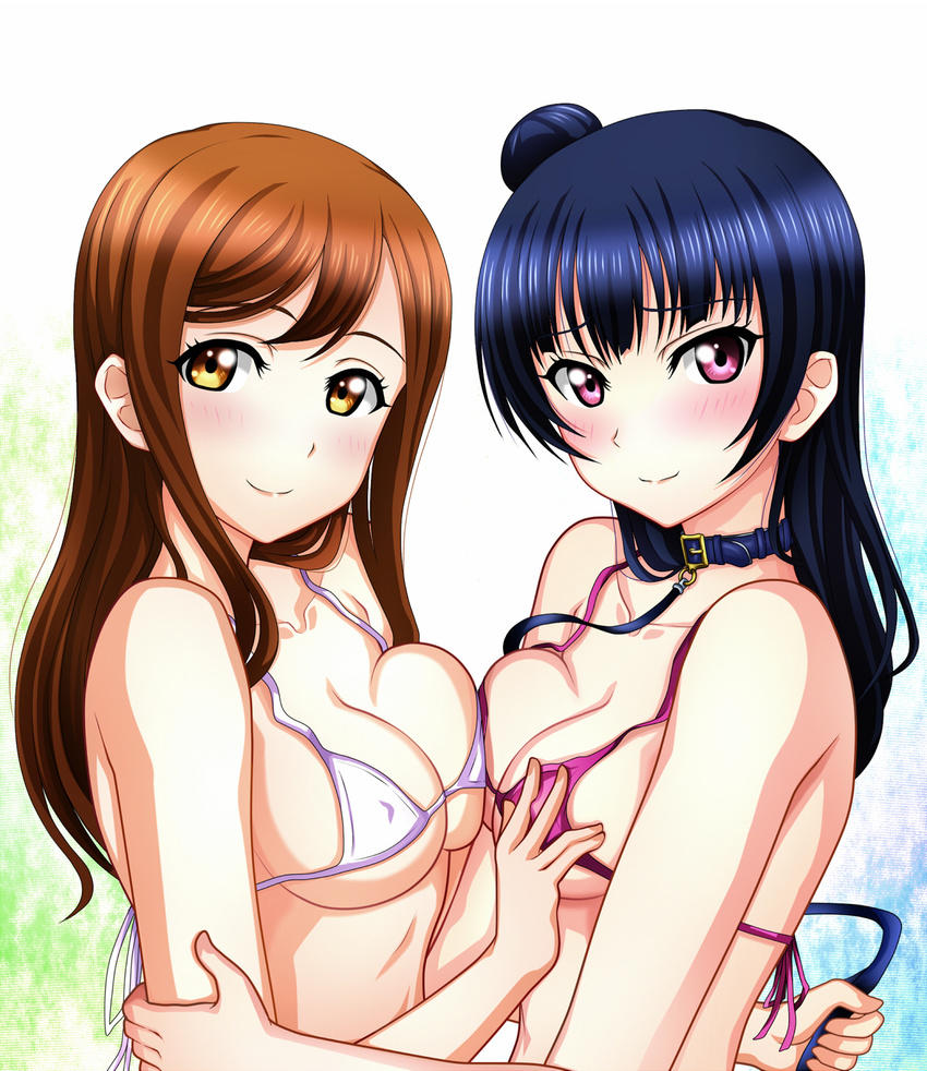 asymmetrical_docking bangs bikini blue_hair blush breast_press breasts brown_eyes brown_hair collar commentary_request covered_nipples hair_bun hand_on_breast highres kenken kunikida_hanamaru leash long_hair love_live! love_live!_sunshine!! micro_bikini multiple_girls nervous_smile open_mouth pink_bikini purple_eyes side_bun smile swimsuit tsushima_yoshiko upper_body white_bikini