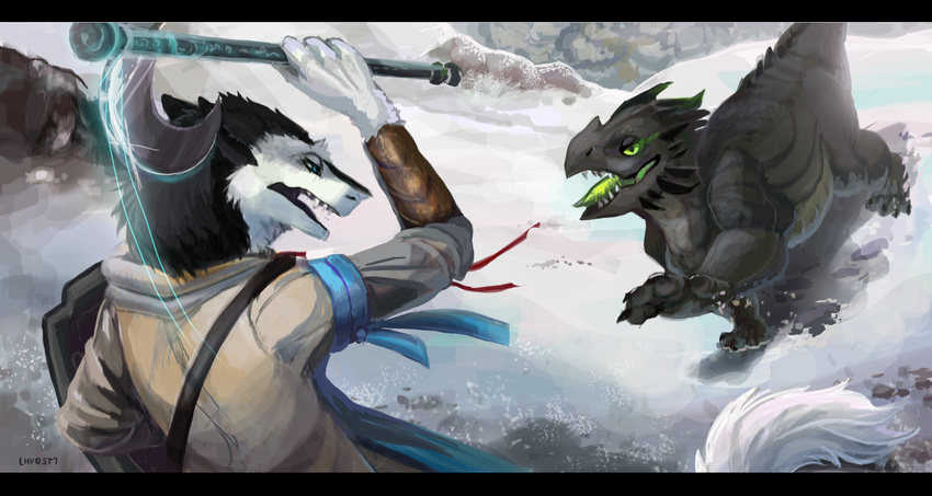 ambiguous_gender anthro clothed clothing dragon duo feral horn hvost male melee_weapon open_mouth outside polearm scythe sergal shield snow teeth tongue weapon