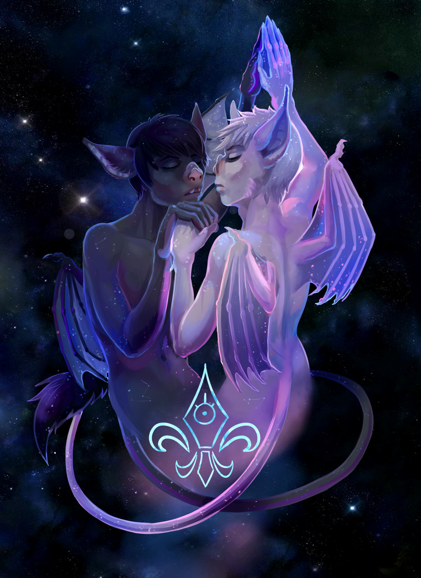 anthro bat duo eyes_closed hair hand_holding hvost male male/male mammal nude simple_background space wings