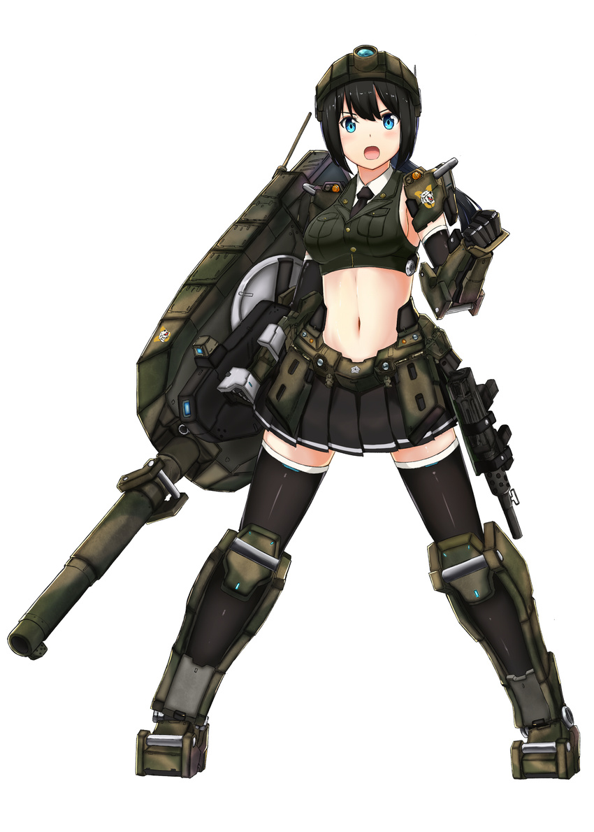 armor black_hair blue_eyes breast_pocket breasts cannon clenched_hand elbow_gloves gloves gun highres mecha_musume medium_breasts midriff military military_uniform navel necktie open_mouth original pauldrons personification pleated_skirt pocket saamon_(railgun0522) short_hair simple_background skirt solo submachine_gun thighhighs turret type_10_(tank)_(personification) uniform weapon white_background zettai_ryouiki