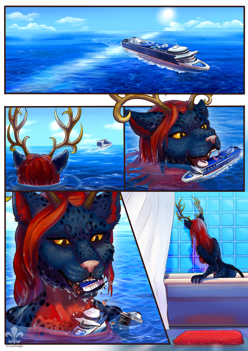 anthro antlers bathtub breasts butt comic cruise_ship featureless_breasts feline female horn hvost hybrid macro mammal nude open_mouth smile solo