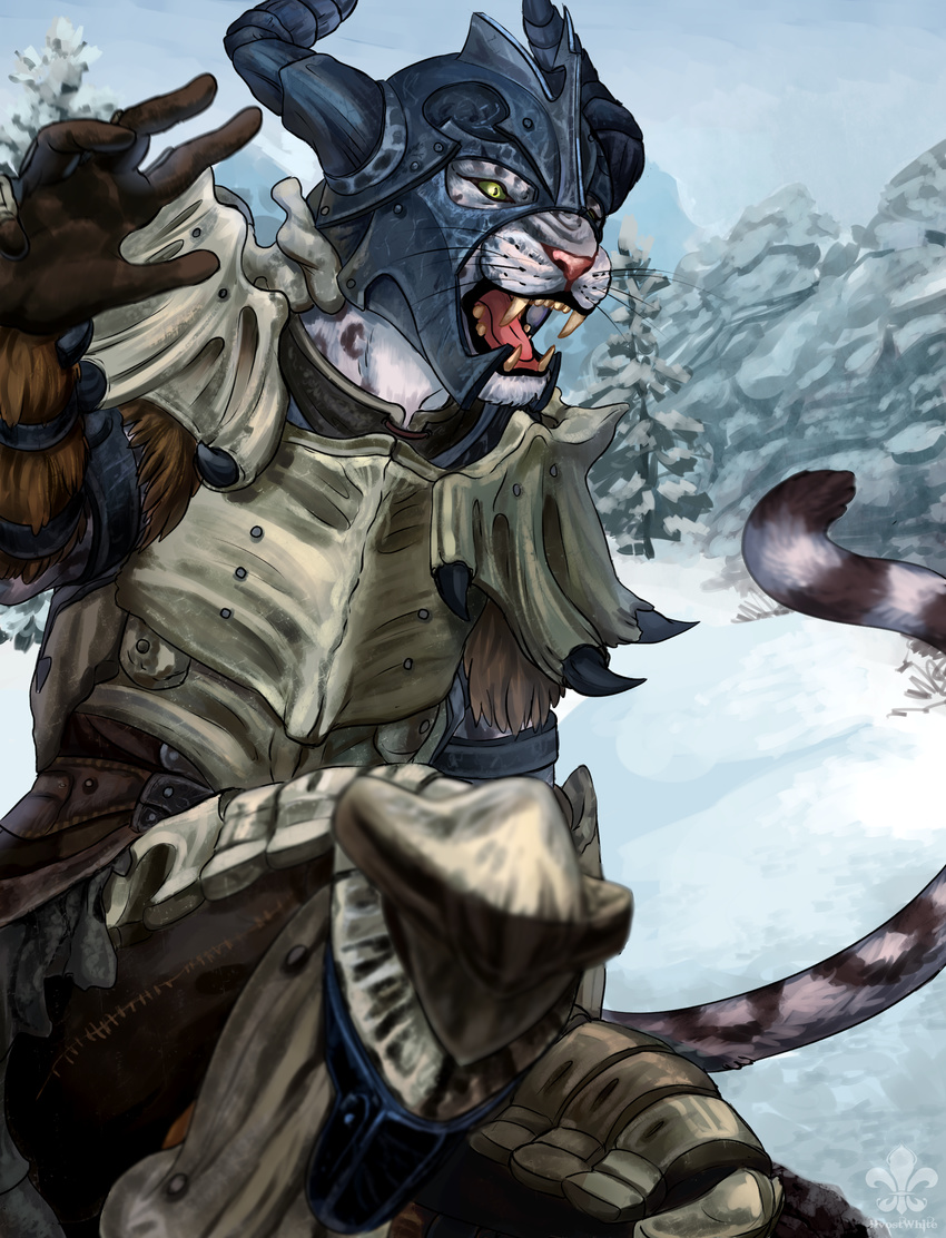 anthro armor clothed clothing fangs feline hvost male mammal open_mouth outside snow solo teeth tongue