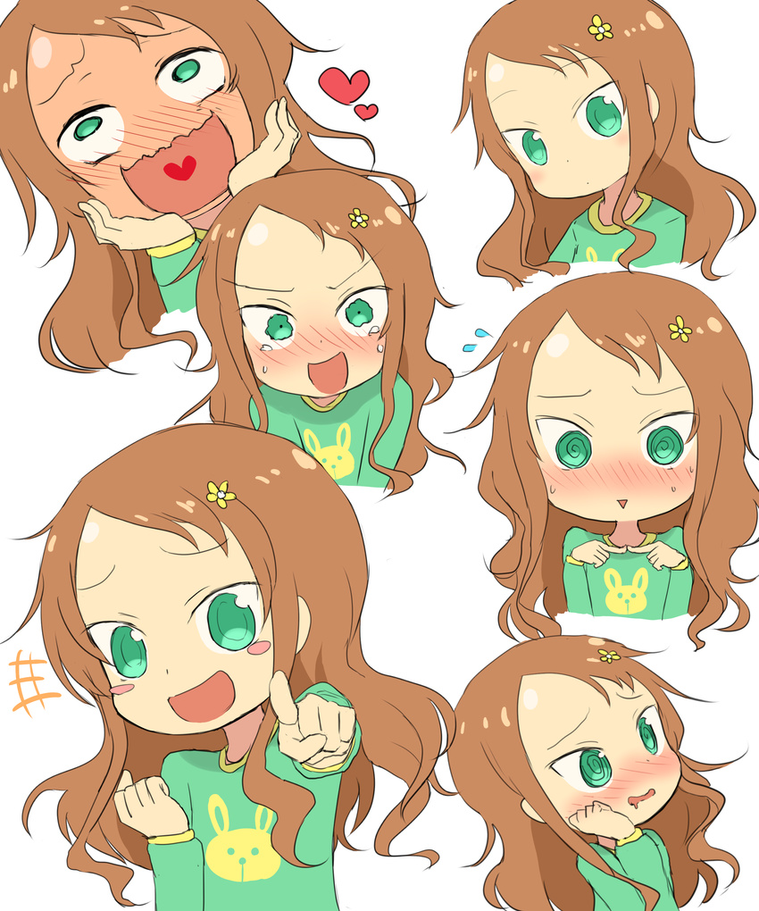 1girl :d @_@ absurdres animal_print bangs blush blush_stickers bohegao brown_hair bunny_print drooling expressions face fingers_together flying_sweatdrops forehead green_eyes hair_ornament hairclip hand_on_own_cheek heart heart_in_mouth highres kobayashi-san_chi_no_maidragon long_hair multiple_views o_o open_mouth pointing pointing_at_viewer saikawa_riko saliva shiny shirt simple_background smile swept_bangs tears triangle_mouth wavy_mouth white_background wide-eyed yamato_(muchuu_paradigm)