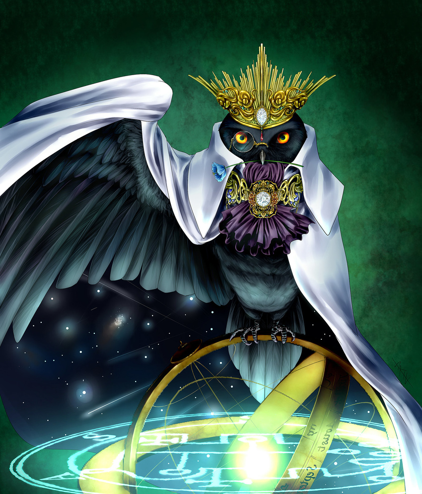 2012 armillary_sphere ars_goetia astrolabe avian beak crown detailed_background eyewear feral flower looking_at_viewer magic magic_circle monocle plant solo star stolas yasuichi