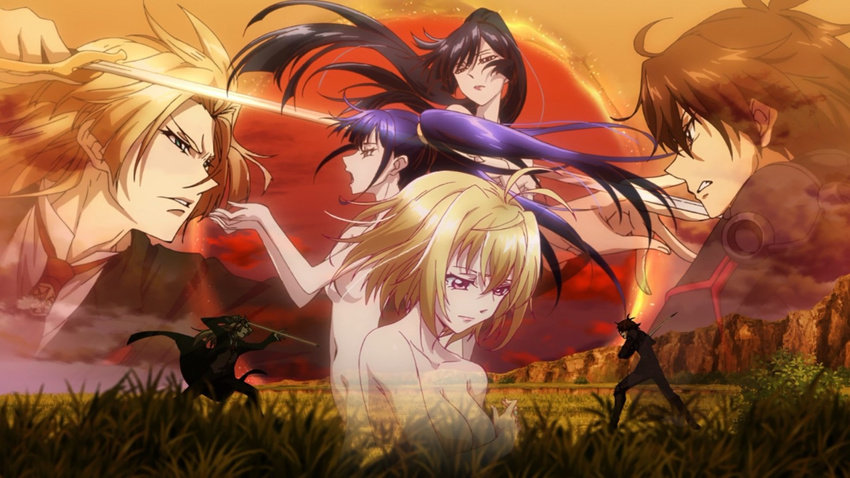 antenna_hair black_hair black_pants black_shirt blonde_hair breasts brown_eyes brown_hair cleavage collarbone covering covering_breasts cross_ange embryo_(cross_ange) floating_hair formal grass green_eyes hair_ornament high_ponytail highres holding holding_sword holding_weapon jill_(cross_ange) long_hair looking_down medium_breasts navel necktie nude open_mouth outdoors pants parted_lips purple_hair rapier red_eyes red_neckwear salia_(cross_ange) screencap shirt short_hair sideboob small_breasts stance standing stomach sword tusk_(cross_ange) twintails underboob very_long_hair weapon zoom_layer