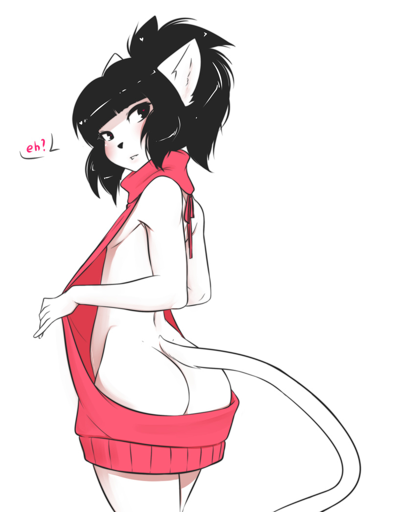 anthro blush butt clothed clothing crossdressing feline girly looking_at_viewer male mammal mercy solo standing suelix virgin_killing_sweater