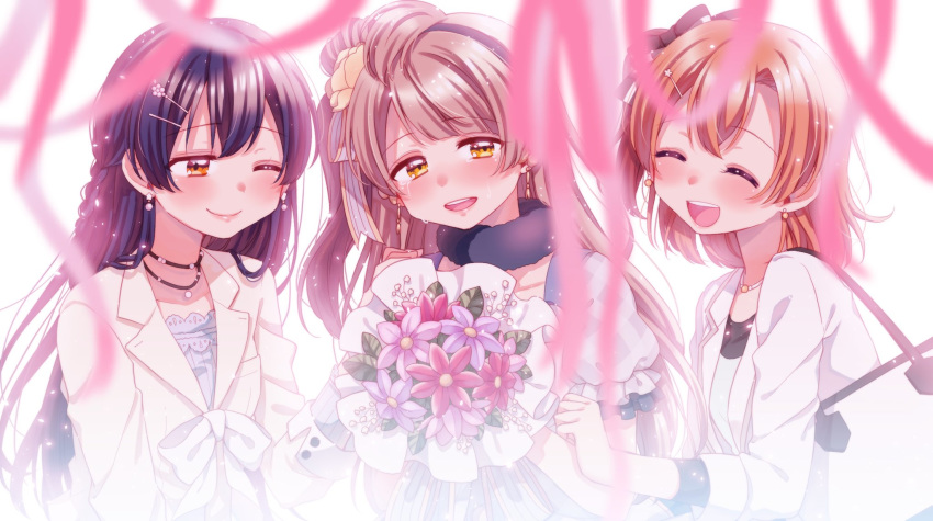 bangs blue_hair bouquet closed_eyes commentary_request crying flower grey_hair hair_between_eyes highres hina_(hinalovesugita) kousaka_honoka long_hair love_live! love_live!_school_idol_festival love_live!_school_idol_project minami_kotori multiple_girls one_eye_closed one_side_up open_mouth orange_hair smile sonoda_umi upper_body yellow_eyes