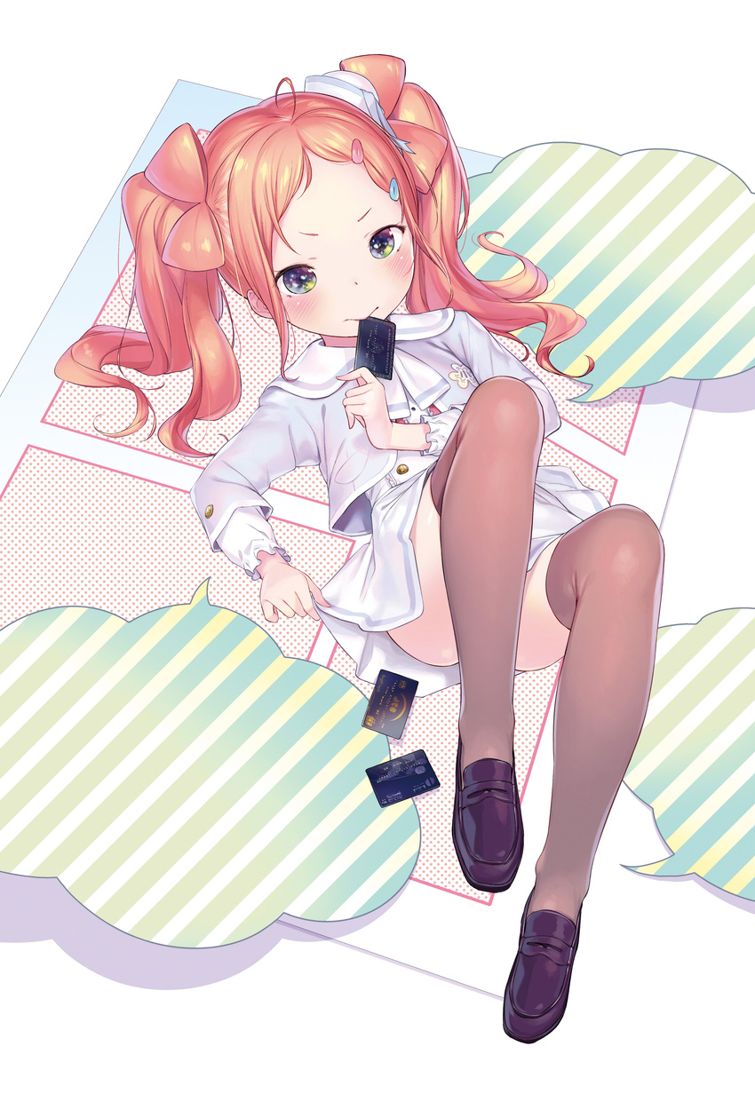 absurdres bangs brown_legwear card credit_card full_body green_eyes hair_ornament hairclip henreader highres holding holding_card kyou_kara_ore_wa_loli_no_himo! loafers long_hair long_sleeves mouth_hold official_art orange_hair shoes skirt skirt_lift solo swept_bangs thighhighs twintails