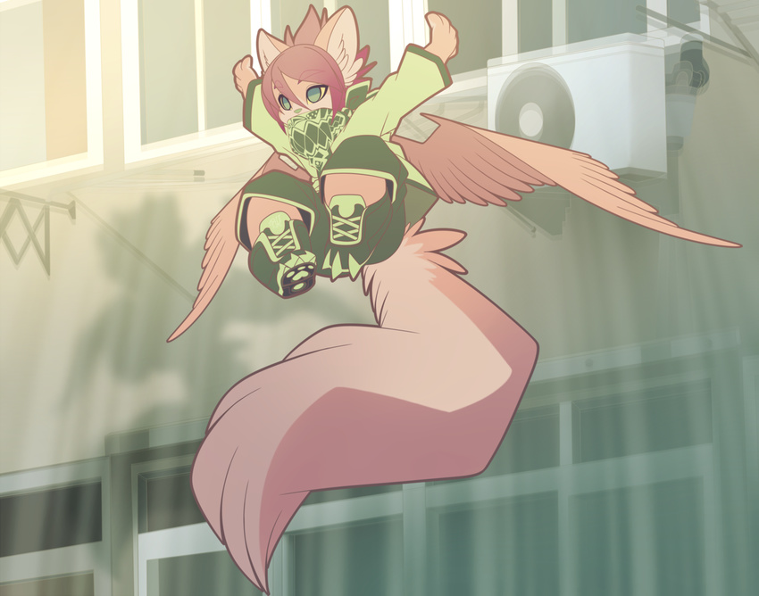 anthro cat city clothing detailed feline flying footwear fur green_eyes hair hi_res invalid_background mammal mid-air pink_fur pink_hair rudragon shoes urban wings yellow_sclera