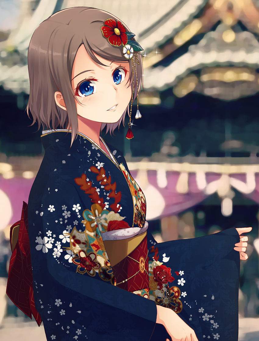 blue_eyes blurry blush brown_hair depth_of_field floral_print flower furisode hair_flower hair_ornament highres japanese_clothes kimono looking_at_viewer love_live! love_live!_sunshine!! nanotsuki parted_lips short_hair smile solo watanabe_you