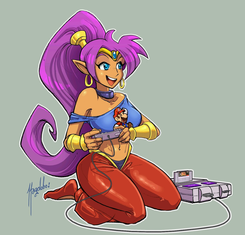 bare_shoulders blue_eyes bracer cable cameo casual choker controller dark_skin earrings eyebrows game_console game_controller gamepad hair_over_one_eye harem_pants highres hoop_earrings jewelry long_hair mario mario_(series) mario_a._romero navel pants paper_mario playing_games pointy_ears pointy_shoes ponytail purple_hair red_footwear seiza shantae_(character) shantae_(series) shoes signature sitting solo source_request strap_slip super_mario_bros. super_nintendo tiara very_long_hair