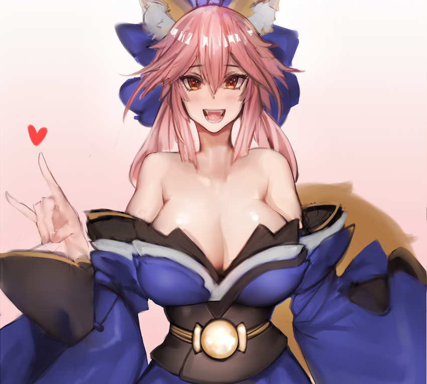 &lt;3 &lt;3_eyes amber_eyes animal_humanoid big_breasts blush breasts canine caster_(fate/extra) cleavage clothed clothing fangs fate/extra fate_(series) fox fox_humanoid goldenhee hair huge_breasts humanoid looking_at_viewer mammal pink_hair simple_background smile solo white_background wide_hips