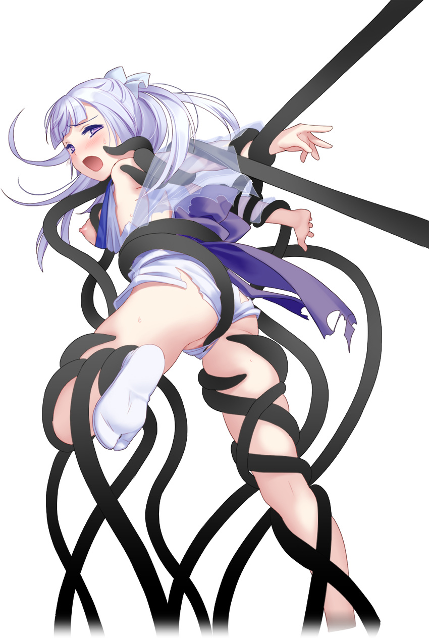 ass blush breasts highres long_hair medium_breasts nipples no_shoes open_mouth partially_visible_vulva purple_eyes restrained solo tabi tentacles tentacles_under_clothes torn_clothes transparent_background tsuyuta_kome white_hair