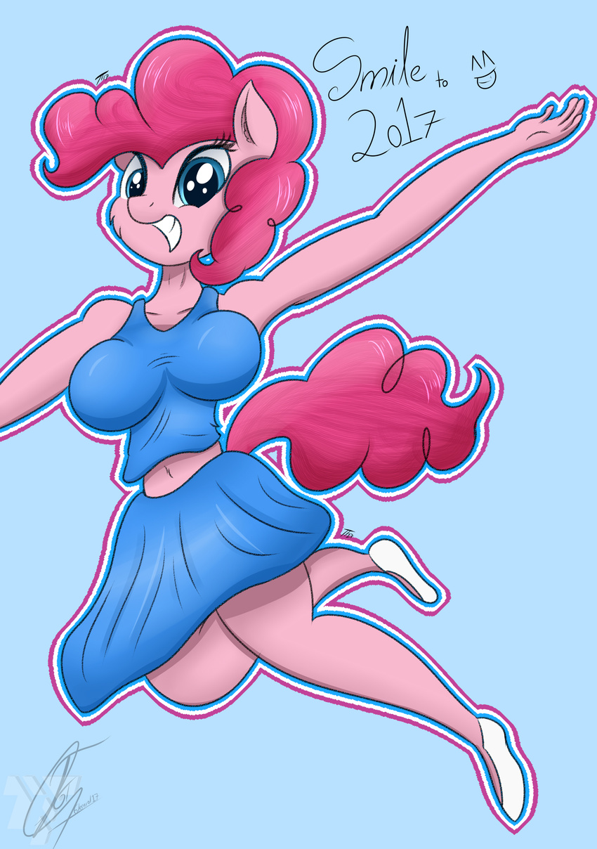 2017 anthro anthrofied armpits big_breasts blue_eyes breasts cheerleader clothed clothing digital_media_(artwork) earth_pony equine female friendship_is_magic fur hair hi_res horse looking_at_viewer mammal my_little_pony pink_hair pinkie_pie_(mlp) pony simple_background smile solo teeth trentgt