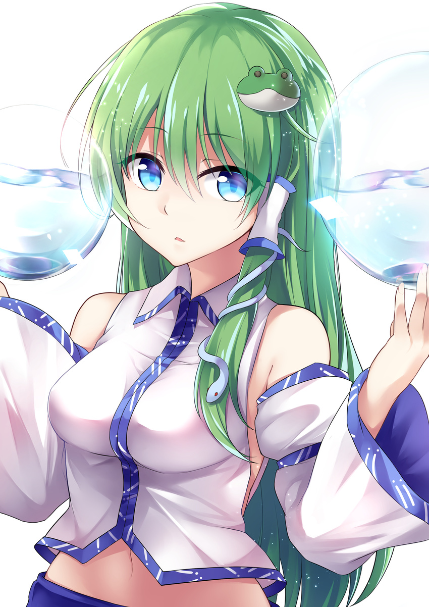 28aarts absurdres arm_garter blue_eyes breasts collared_shirt detached_sleeves expressionless frog_hair_ornament green_hair hair_between_eyes hair_ornament highres kochiya_sanae long_hair looking_at_viewer medium_breasts midriff navel parted_lips shirt simple_background snake_hair_ornament solo touhou upper_body water white_background white_shirt wide_sleeves