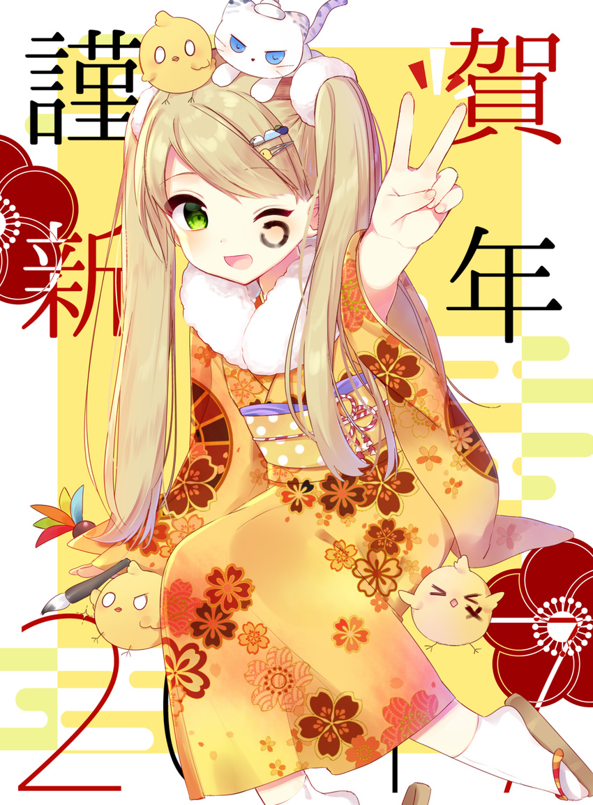 &gt;_&lt; 2017 ;d animal animal_on_head bad_id bad_pixiv_id bangs blonde_hair blush calligraphy_brush cat cat_on_head chick_on_head closed_eyes commentary_request ema-chan_(mafuyu) eyebrows_visible_through_hair facepaint floral_print fur_collar green_eyes hair_ornament hairclip hanetsuki happy_new_year highres japanese_clothes kimono long_hair looking_at_viewer mafuyu_(chibi21) nengajou new_year obi on_head one_eye_closed open_mouth original outstretched_arm paintbrush sandals sash sitting smile socks solo swept_bangs twintails v white_legwear yellow_kimono